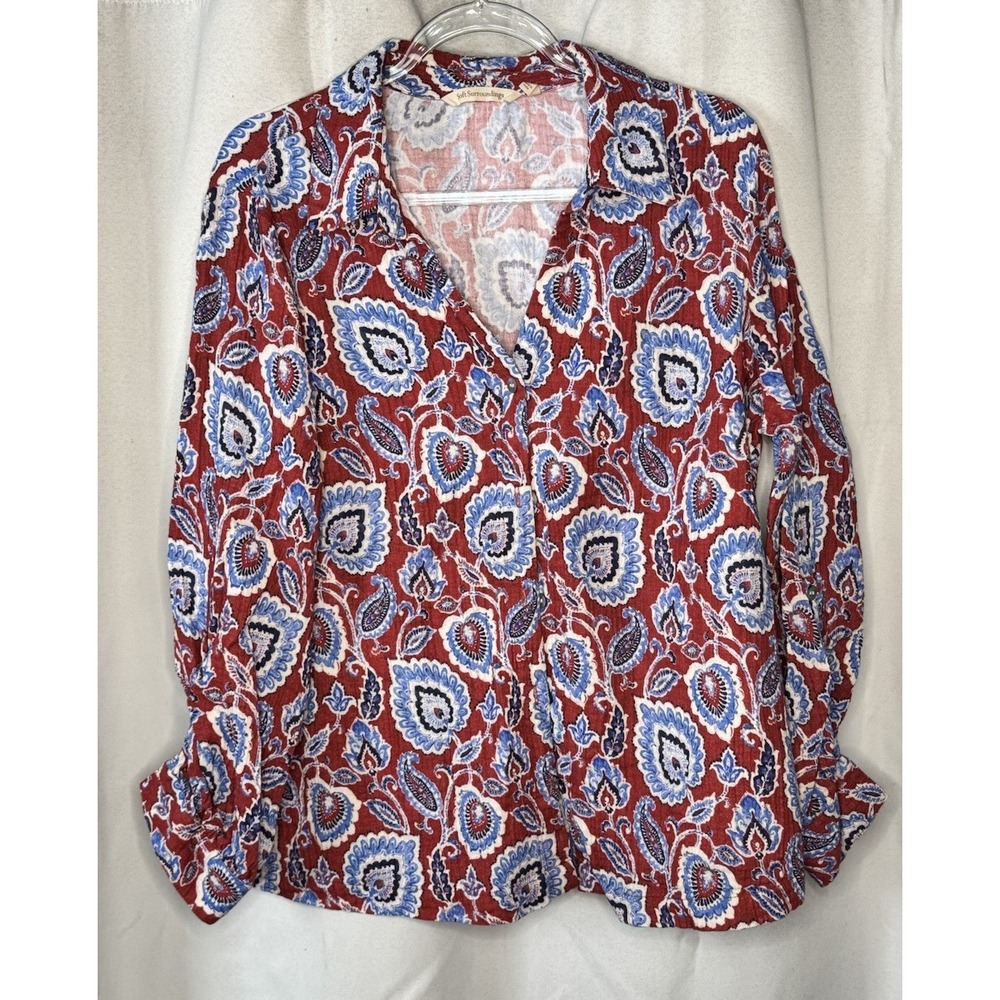 Soft Surroundings Addison Gauze Paisley Button Shirt XL Roll Tab Sleeve Cotton